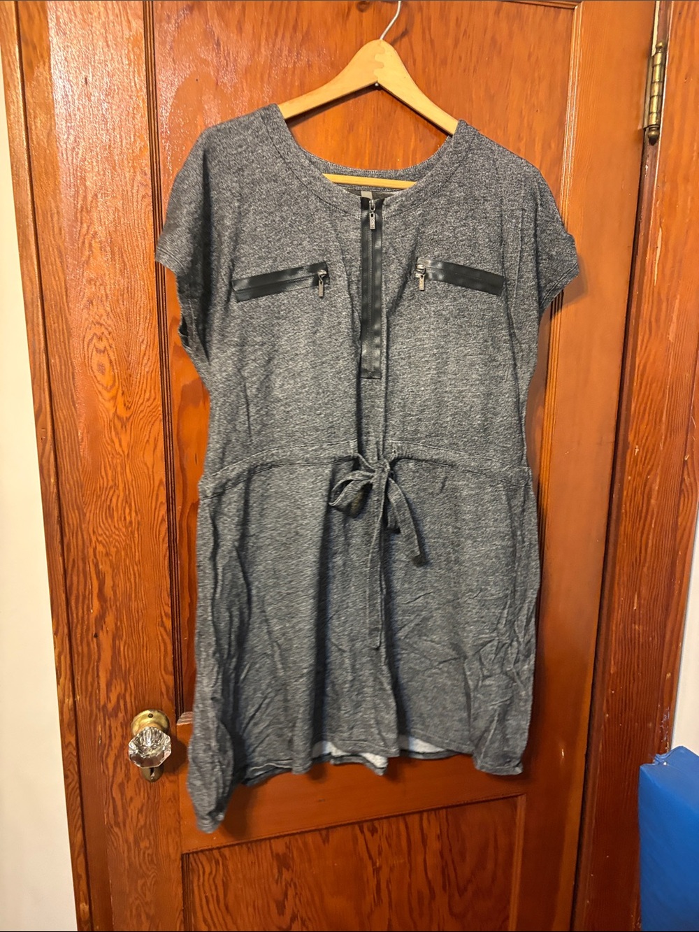 Gray Short-Sleeve Zip-Front Mini Dress with Drawstring Waist